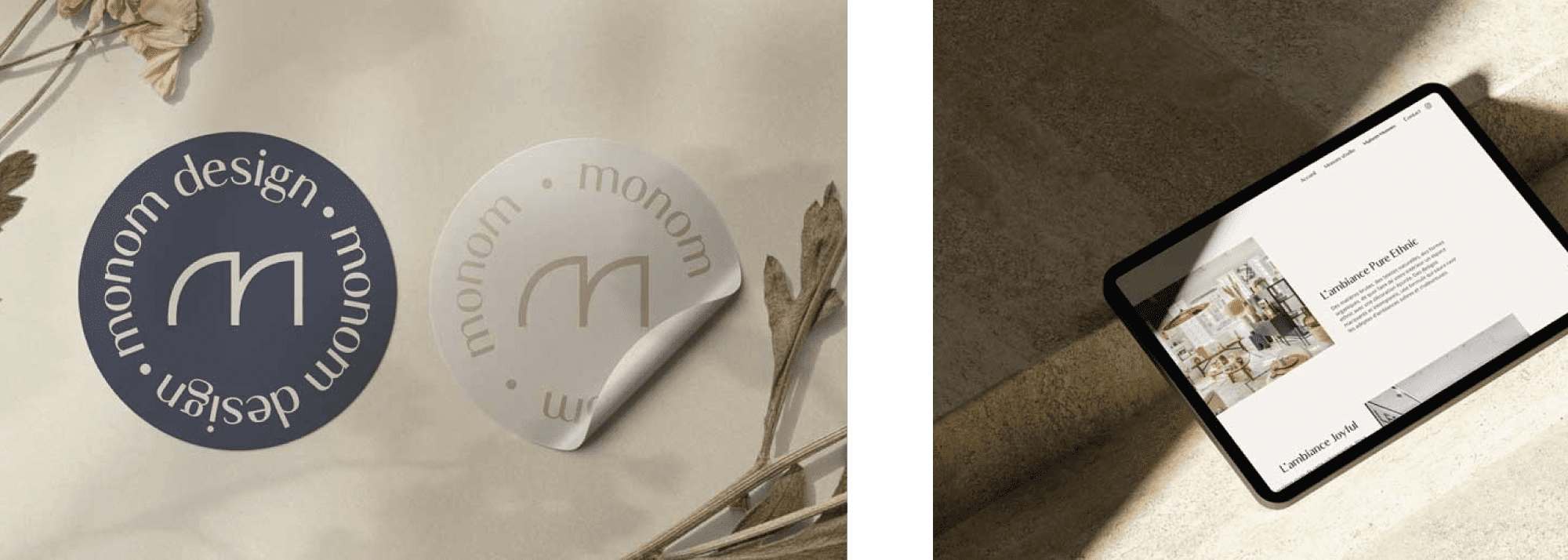 Mise en situation de l'identité de marque Monom sur deux stickers gris et blanc à coté du site internet présenté sur tablette.