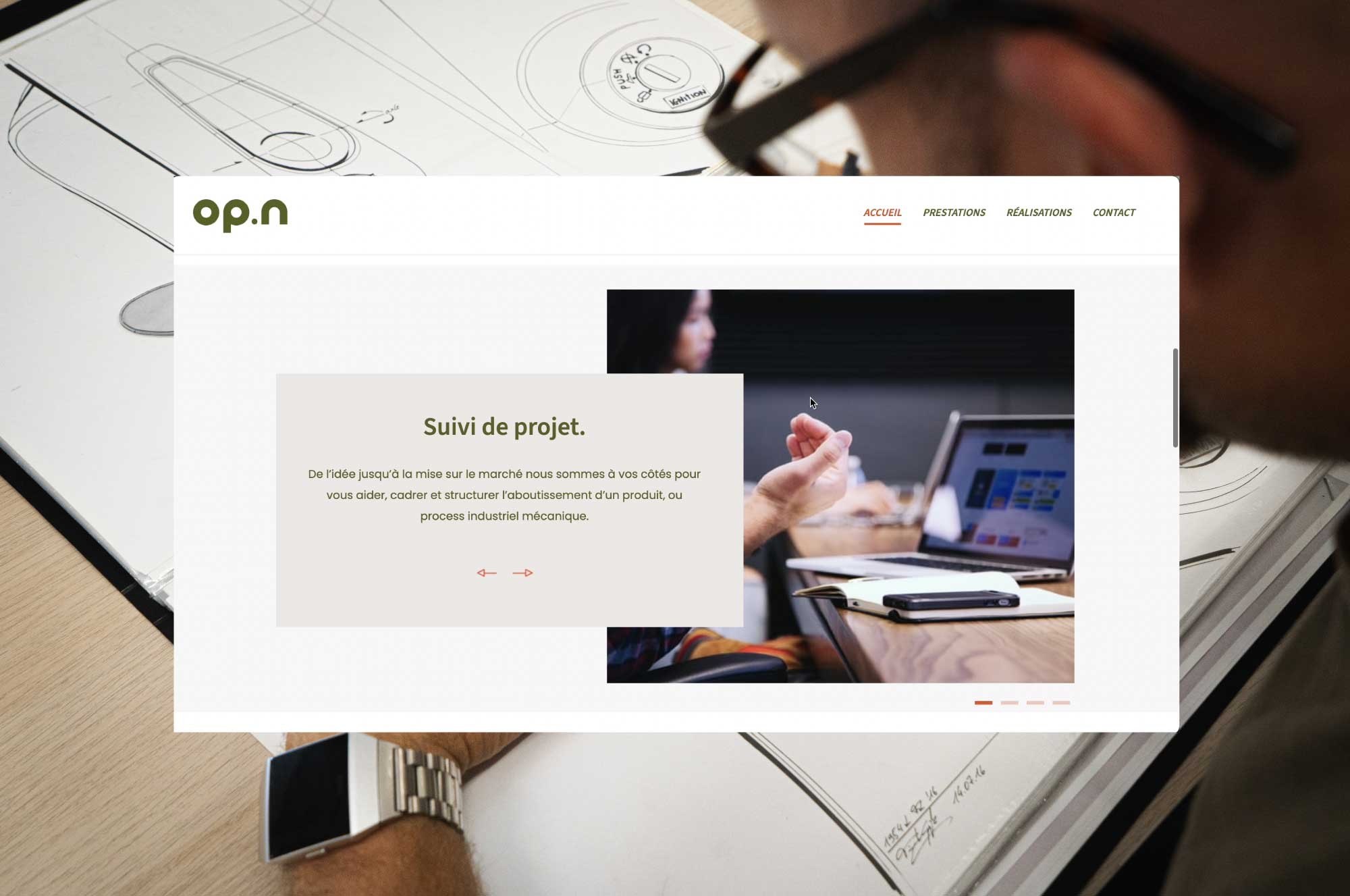 Page d'accueil du site internet de l'entreprise OP.n, réalisé par l'agence de communication et de graphisme ÈS.B Studio.