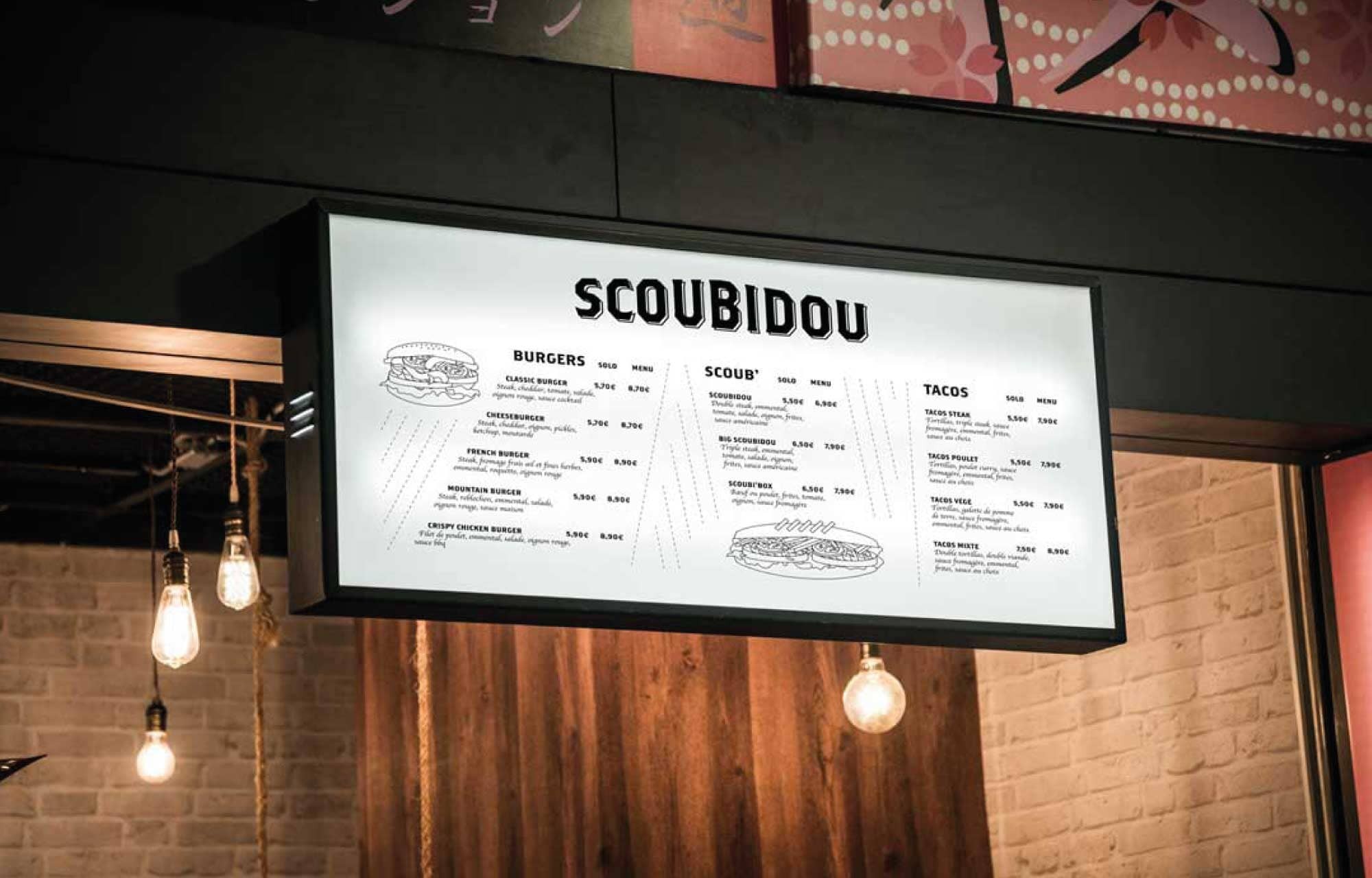Photographie du menu écran du restaurant Scoubidou. Identité réalisée par ÈS.B Studio.