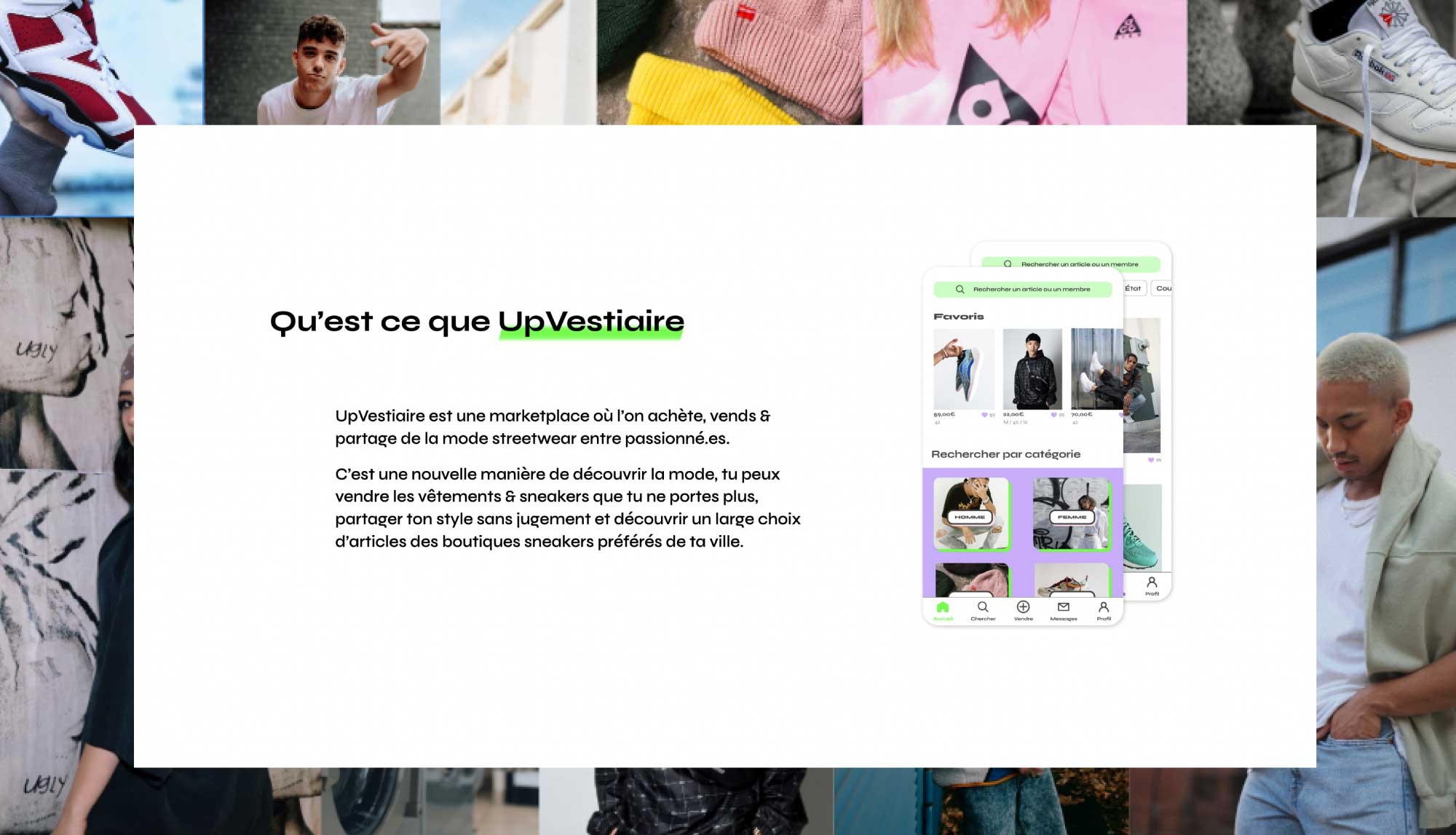 Planche de présentation de UpVestiaire, marketplace de revente et de partage de vêtements mis en page et designé par ÈS.B Studio.