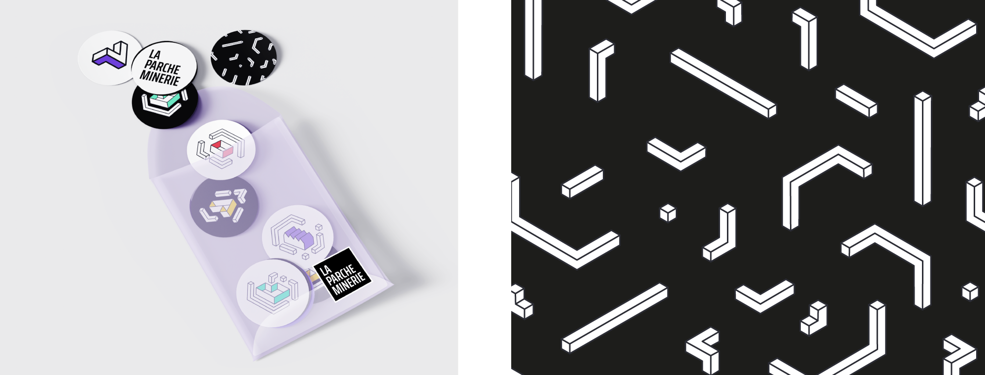 Mock-up de stickers pour La Parcheminerie à coté d'une image avec des motifs blancs sur fond noir.