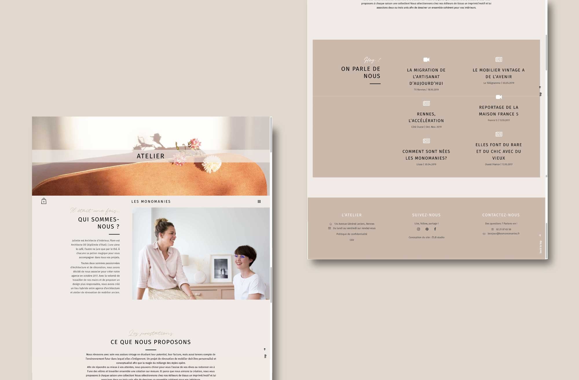Présentation de la page atelier et de la page contact du site web des Monomanies réalisé par ÈS.B Studio avec arrière plan beige
