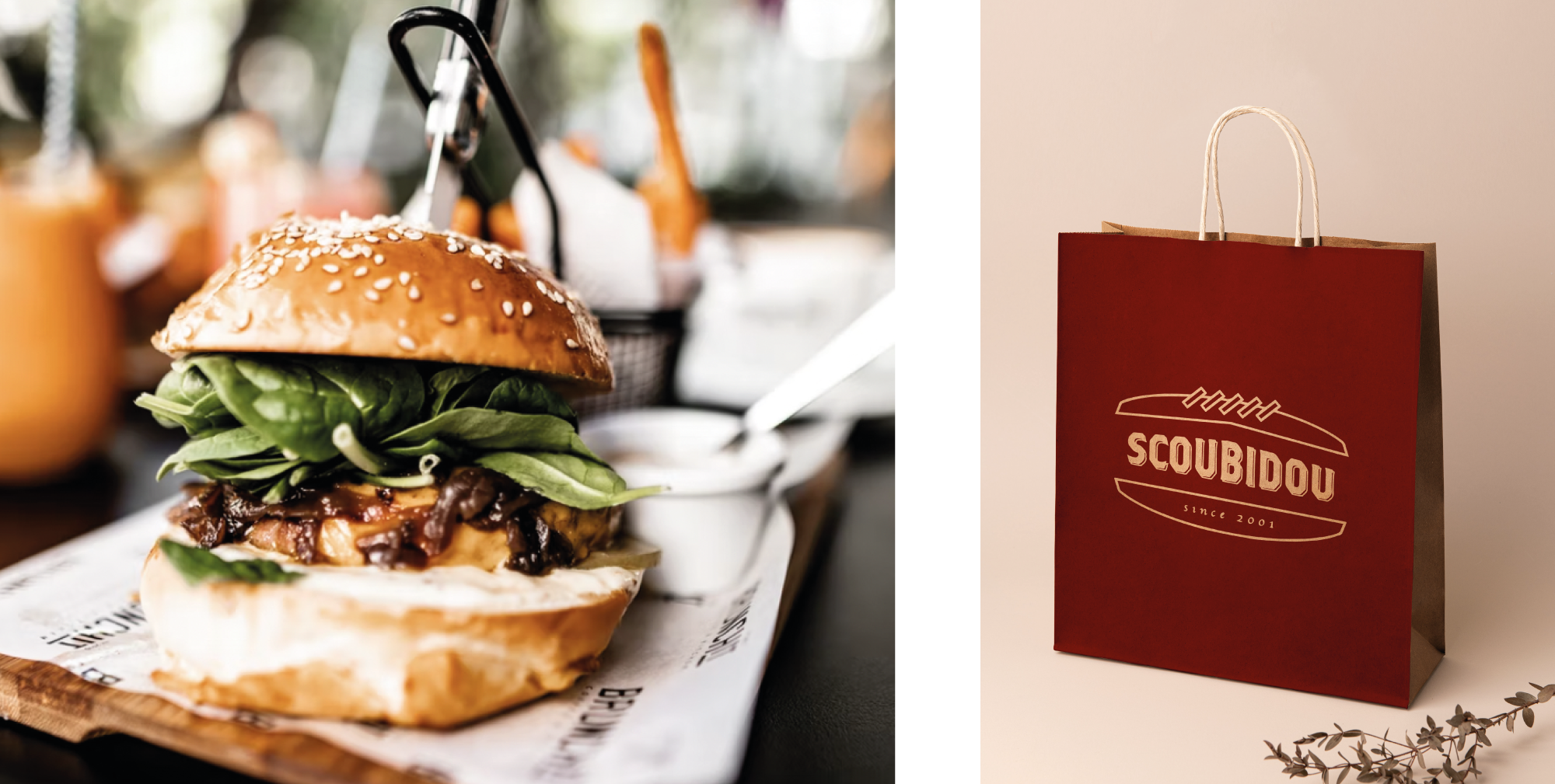 Identité visuelle du restaurant Scoubidou avec une photographie de burger et un sac de restauration imprimé avec le logotype.